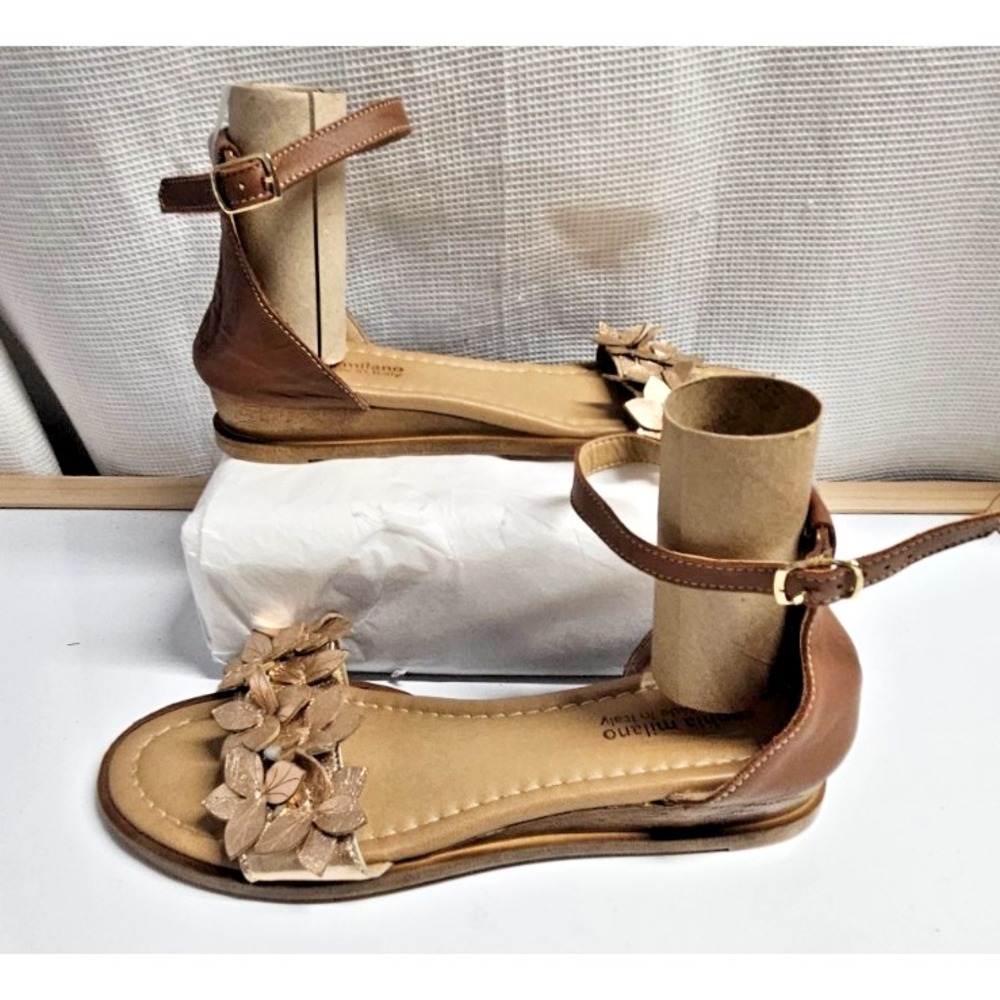 sophia milano Italy brown leather bronze floral ankle straps woman Sz 38/US 8